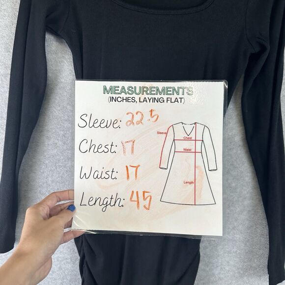 Michael Stars Dress Womens S Black Rib Knit Midi Ruched Square Neck Long Sleeve - Picture 5 of 11